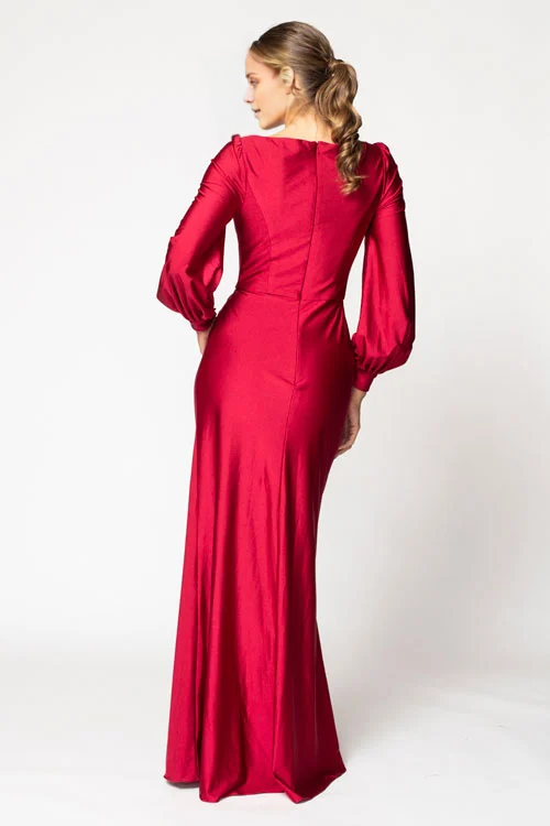 Jimiss V-neck off shoulder long sleeved back zipper and floor length Prom dress